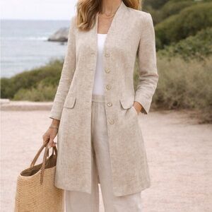 Eileen Fisher 100% Linen Long Jacket L Neutral Lagenlook Minimalist Duster